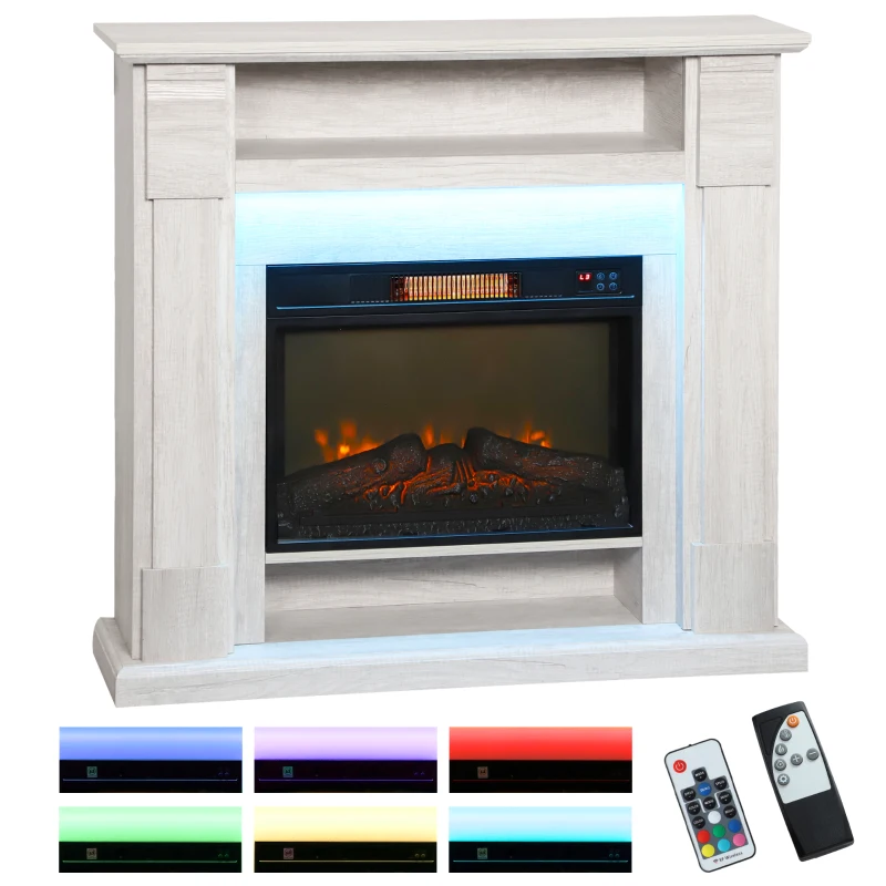 HOMCOM Chimenea Eléctrica 1800W Regulable con Llama 3D, Repisa, Temporizador y Mando a Distancia, 105x27x97 cm, color Madera