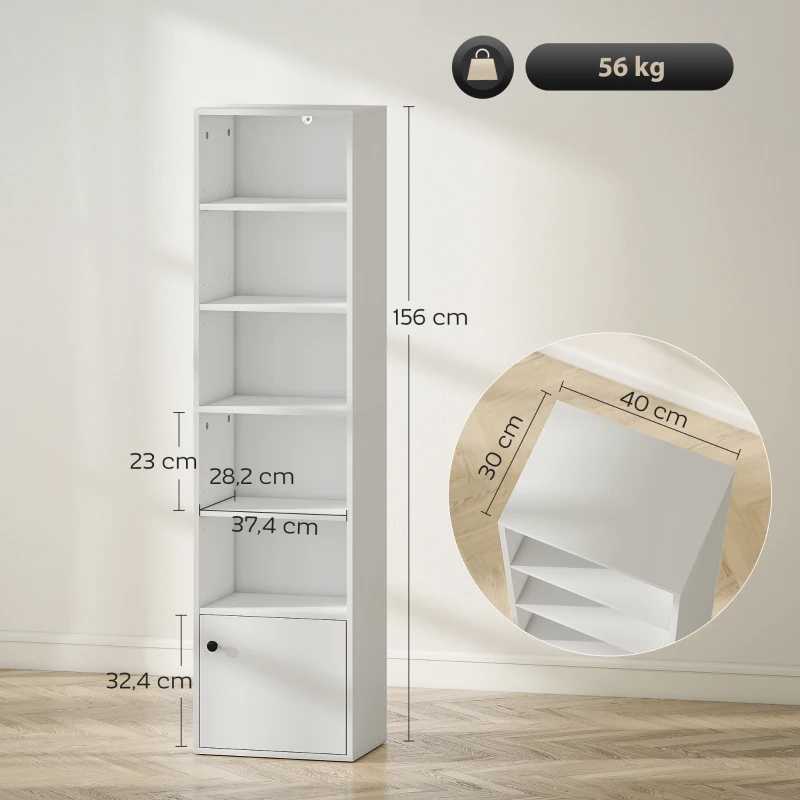 HOMCOM Bibliothèque meuble de rangement 6 niveaux avec 3 étagères réglables et placard, style moderne 40 x 30 x 156 cm blanc