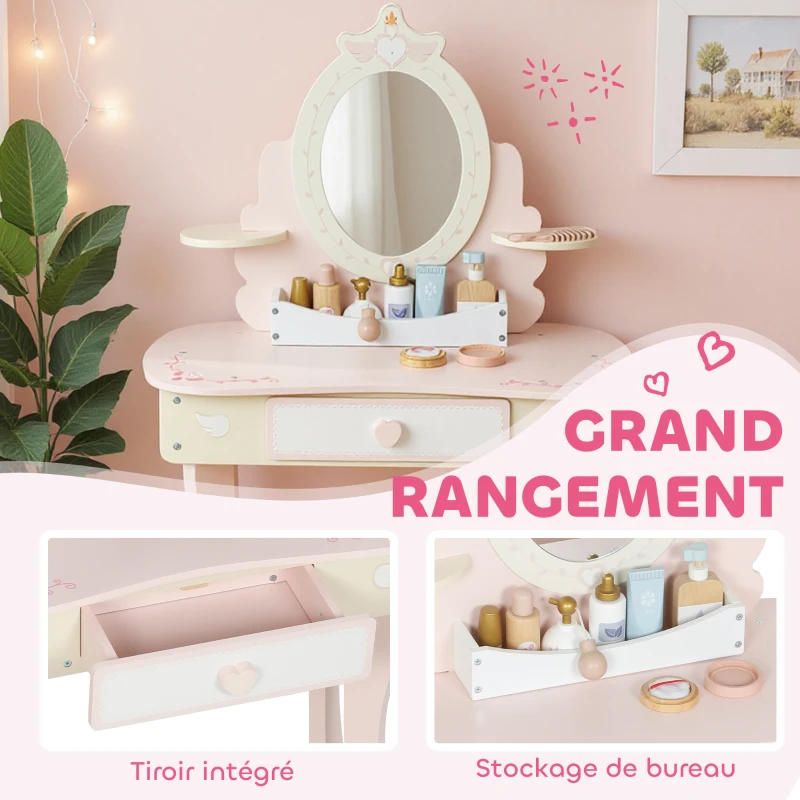 AIYAPLAY Coiffeuse enfant fille table de maquillage 2 en 1 avec 7 accessoires de jeu miroir en acrylique 59,8x29,6x89,8cm rose