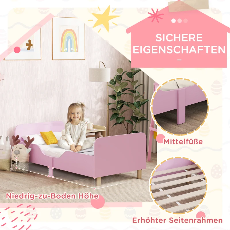 AIYAPLAY Kinderbettgestell, Einzelbettrahmen für Kinder, Schutzgitter, kleines Bett für Kinderzimmer, MDF, ohne Matratze, Rosa