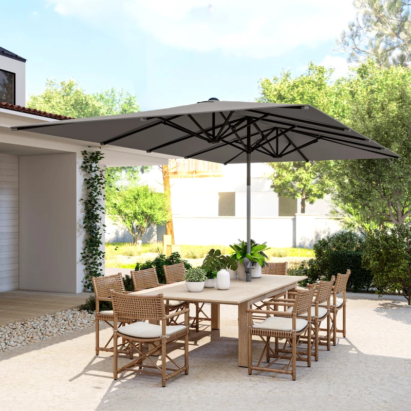 Outsunny Parasol de jardin extérieur, parasol double rectangulaire 451 x 264 cm avec manivelle toile polyester 200g/m² gris foncé