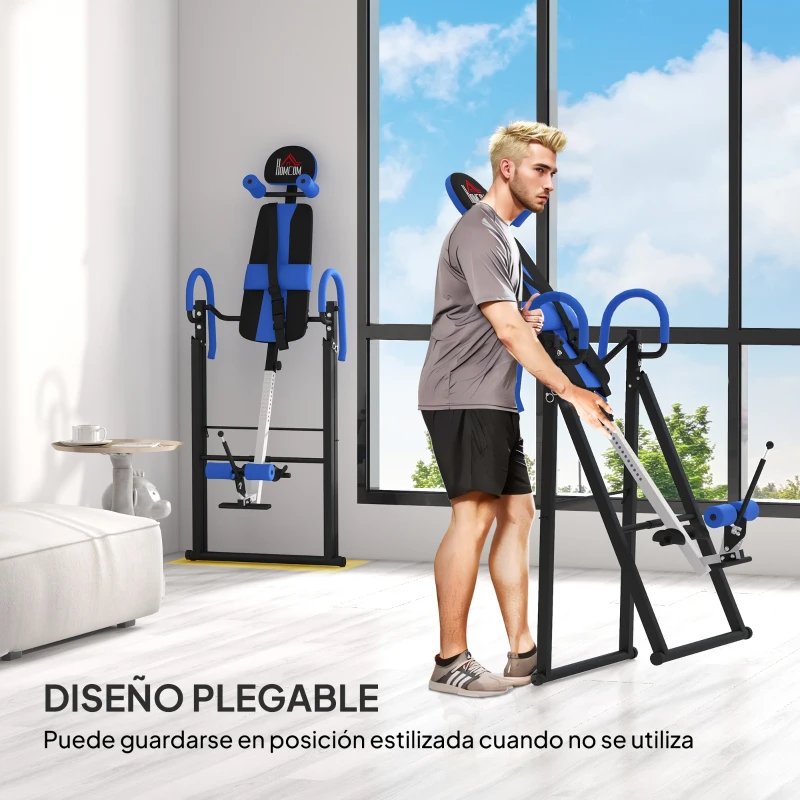 HOMCOM Tabla de Inversión Plegable con Inclinación hasta 90° y Cinturones de Seguridad 79x114x153 cm Azul y Negro