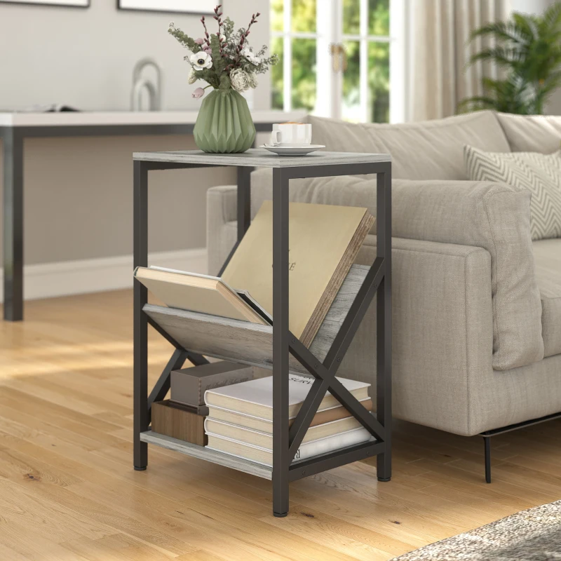 HOMCOM Table d'appoint étroite, bout de canapé rangement à 3 niveaux, porte-revues en V, cadre en acier, 40x30x61cm, gris foncé