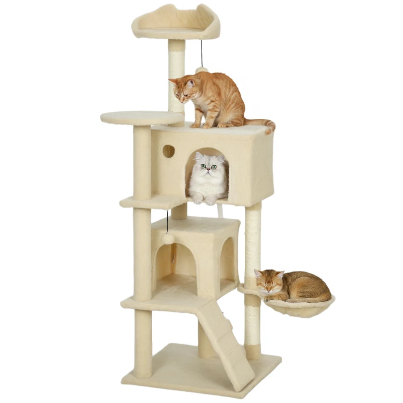 PawHut Árbol Rascador para Gatos 140 cm con Plataformas Cama 2 Cuevas Hamaca Escalera Postes de Sisal Beige