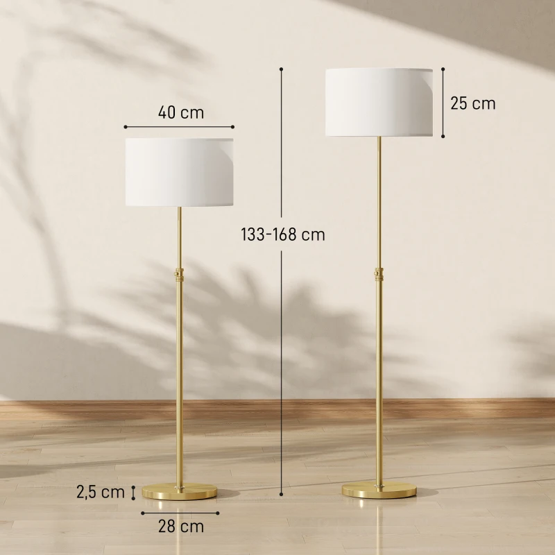 HOMCOM Lampa stojąca z pilotem, regulowana wysokość, abażur materiałowy, metalowa podstawa, regulowana jasność, przełącznik nożny, kolor złoty
