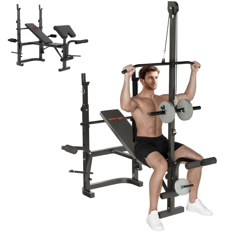 SPORTNOW Banco de Musculación con Soporte para Barra Ajustable Extensión de Piernas Curl de Predicador y Mariposa para Gimnasio