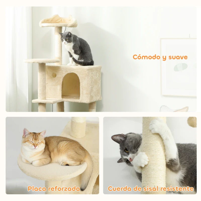 PawHut Árbol Rascador para Gatos 140 cm con Plataformas Cama 2 Cuevas Hamaca Escalera Postes de Sisal Beige