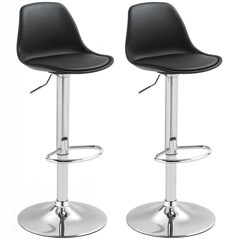 HOMCOM Set 2 Sgabelli da Bar con Schienale e Poggiapiedi, in PP, Pelle PU e Acciaio, 38x42x82-104 cm, Nero