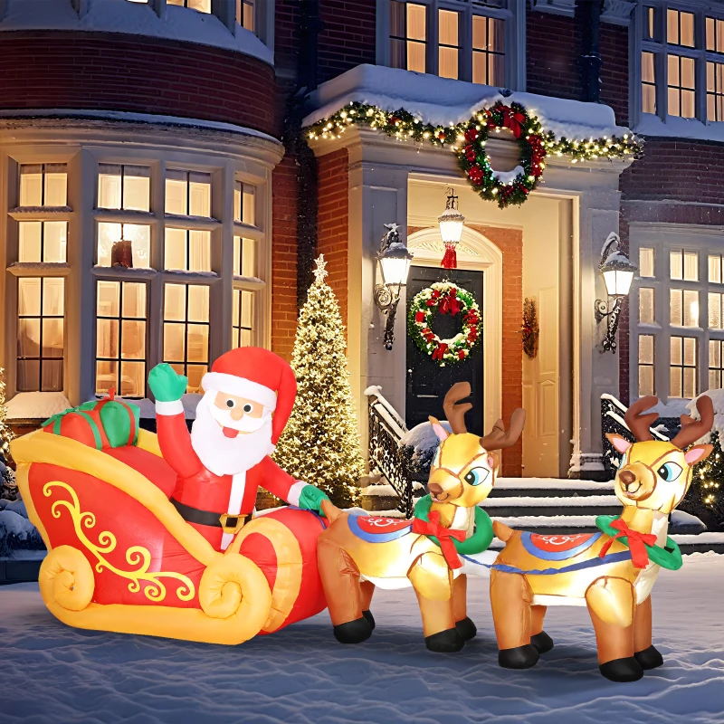 Outsunny Père Noël gonflable avec traîneau et rennes 240 cm 6 lumières LED décoration de Noël intérieure et extérieure rouge