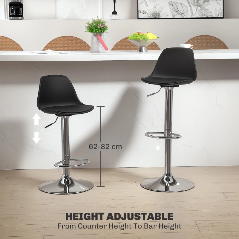 HOMCOM Set 2 Sgabelli da Bar con Schienale e Poggiapiedi, in PP, Pelle PU e Acciaio, 38x42x82-104 cm, Nero