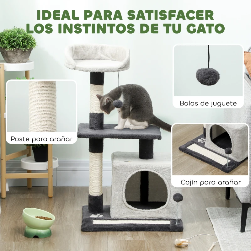 PawHut Árbol Rascador para Gatos 85 cm con Plataformas Cueva Postes Rascadores Tapete de Sisal Bolas Gris Claro y Negro