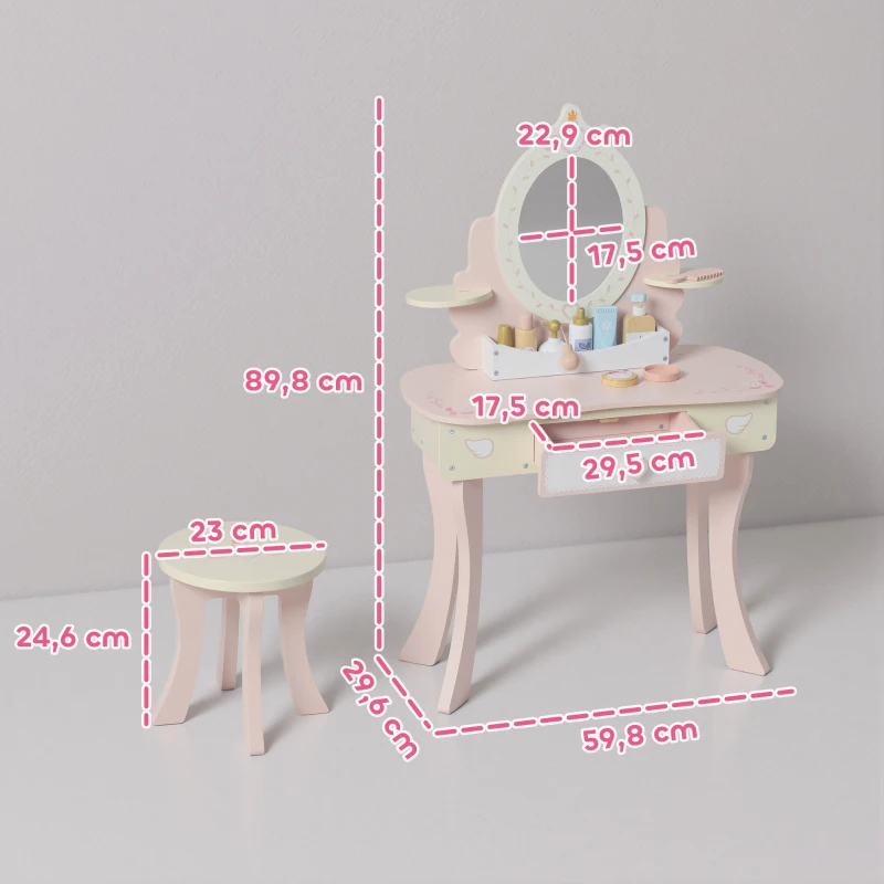 AIYAPLAY Coiffeuse enfant fille table de maquillage 2 en 1 avec 7 accessoires de jeu miroir en acrylique 59,8x29,6x89,8cm rose