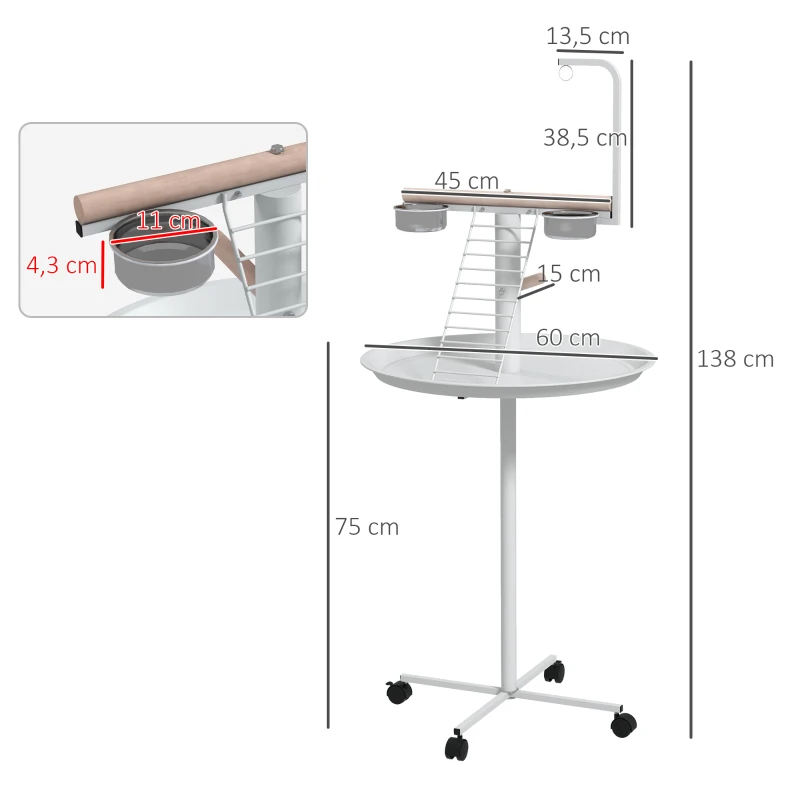 PawHut Anflugstange Freisitz für Papageien Sitzstange, 1 Leiter, 1 Schaukel, Futternäpfe, 60 x 60 x 138 cm, Weiß + Natur