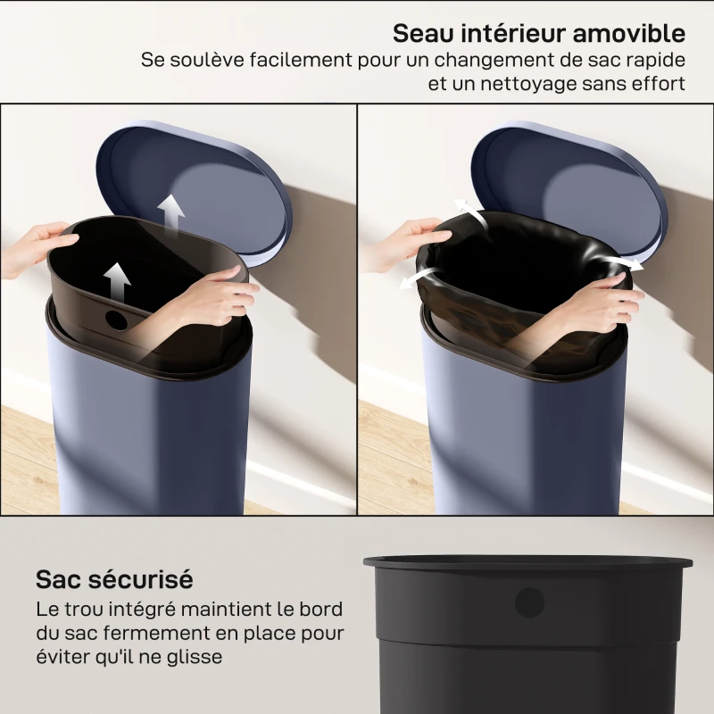 HOMCOM Poubelle cuisine 30L, poubelle à pédale, seau intérieur amovible, couvercle à fermeture douce, 36,5x31x61cm, gris