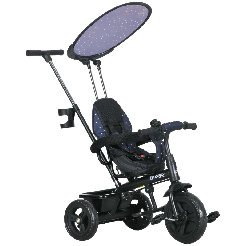 HOMCOM Triciclo infantil Capota plegable Mango extraíble Cesta de almacenamiento 105 x 47 x 98 cm Acero Azul y Negro