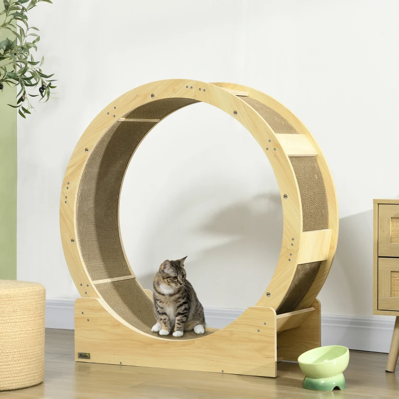 PawHut Roue de course pour chat d'intérieur tapis roulant avec frein coussins de grattage diamètre 91 cm naturel