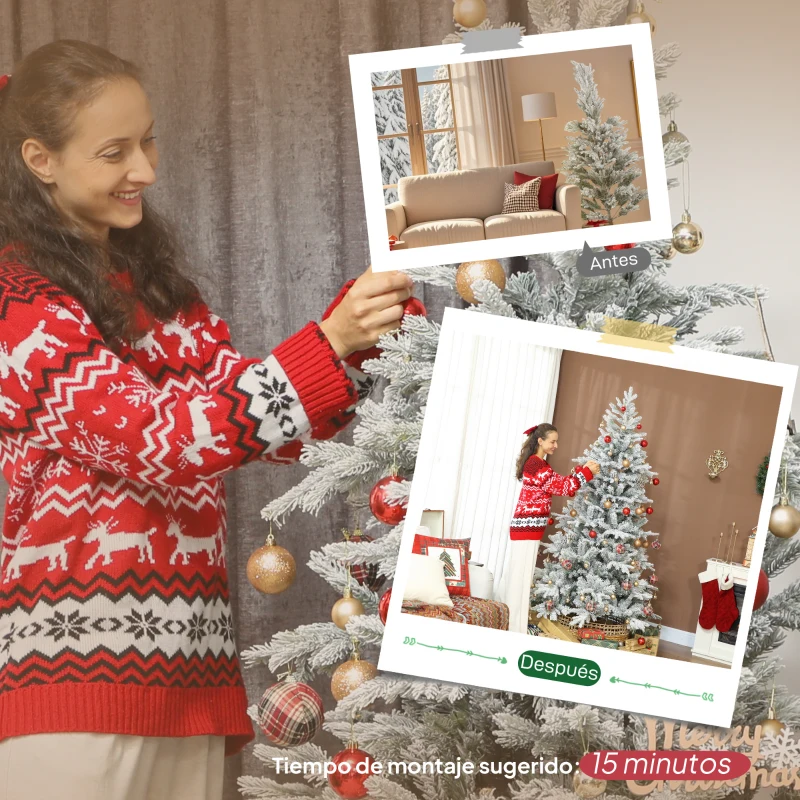 HOMCOM Árbol de Navidad Nevado 210 cm con 1154 Ramas Base Plegable Diseño por Secciones Fácil de Montar