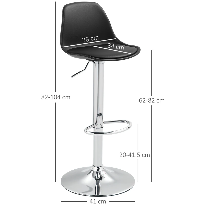 HOMCOM Set 2 Sgabelli da Bar con Schienale e Poggiapiedi, in PP, Pelle PU e Acciaio, 38x42x82-104 cm, Nero