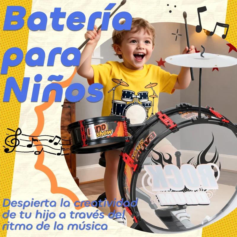 AIYAPLAY Batería para Niños de +3 Años con Taburete Tambores Bombo Platillo y Baquetas 59,5x31,5x59 cm Negro