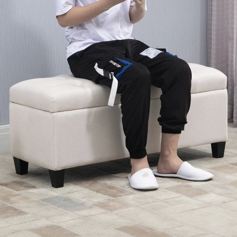 HOMCOM bank gestoffeerde bank met opbergruimte kistbank gang slaapkamer woonkamer linnenachtig polyester rubber hout crème wit 100 x 40 x 44 cm