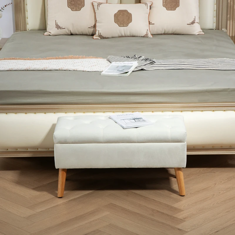 HOMCOM Gestoffeerde Bank met Opbergruimte, Fluweelachtige Stofbekleding, Houten Poten, Voor Woonkamer, Slaapkamer, Hal, 80 x 35 x 42 cm, Wit