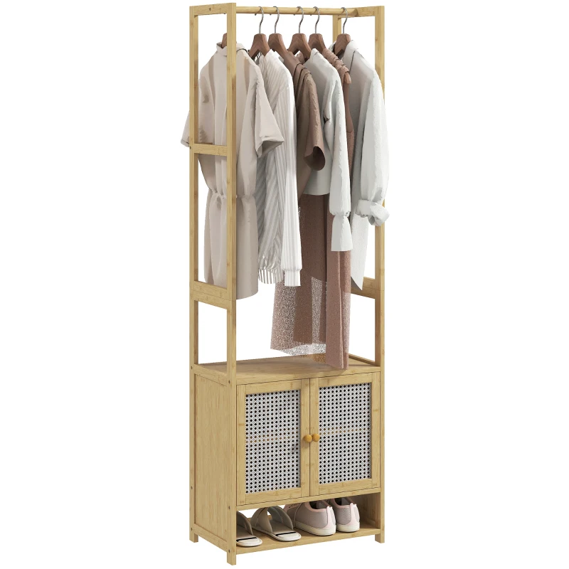 HOMCOM Perchero de Bambú con Armario Zapatero Barra para Colgar Estante Ajustable para Entrada Pasillo 53x31x168 cm Natural