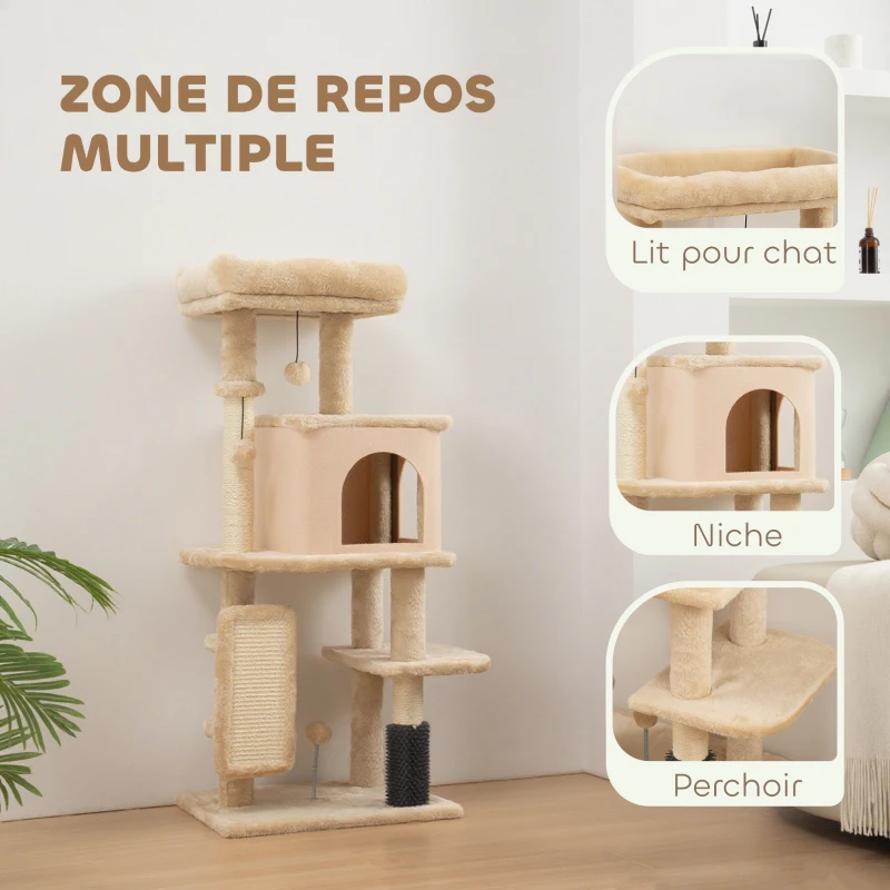 PawHut Arbre à chat, tour de jeux, hauteur de 132 cm, avec lit, maison, brosse de toilettage,  55 x 44 x 132 cm, beige