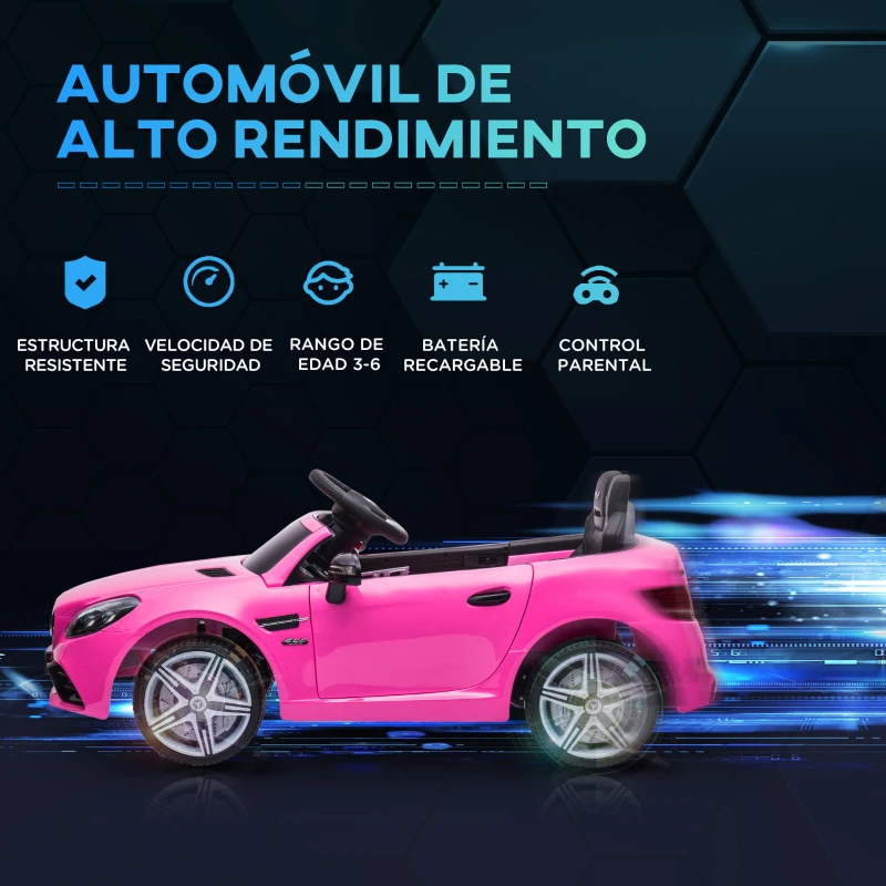 AIYAPLAY Coche Eléctrico para Niños de +3 Años, Mercedes SLC 300, Coche Eléctrico 12V, con Mando a Distancia 2,4 G, Ruedas Traseras con Suspensión, Faros LED, Música, USB, Motor Doble, Rosa