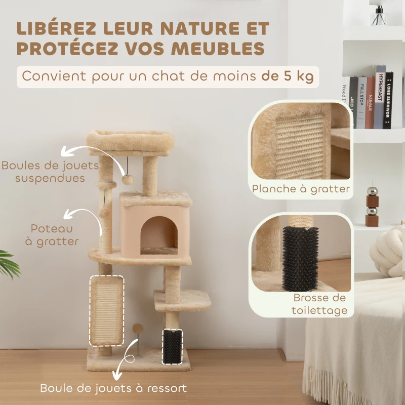 PawHut Arbre à chat, tour de jeux, hauteur de 132 cm, avec lit, maison, brosse de toilettage,  55 x 44 x 132 cm, beige