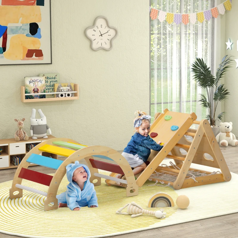 AIYAPLAY Klettergerüst Indoor, 7 in 1 Kletterdreieck mit Rutsche, Kletterbogen, Mehrfarbig