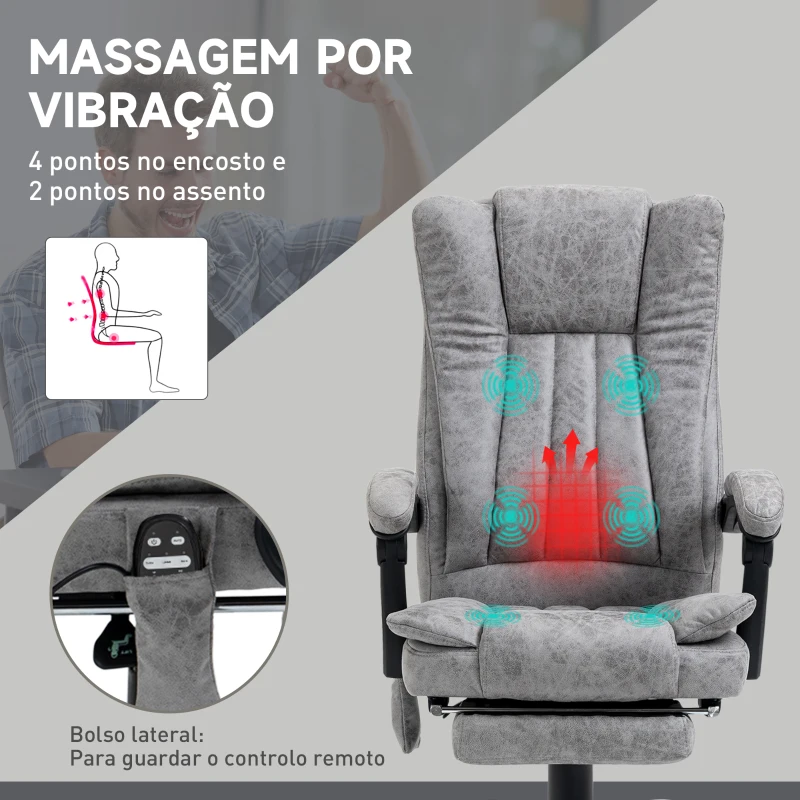 Vinsetto Cadeira de Escritório com 6 Pontos de Massagem Giratória Encosto Reclinável 135º Função de Aquecimento 62x67x113-120 cm Cinza
