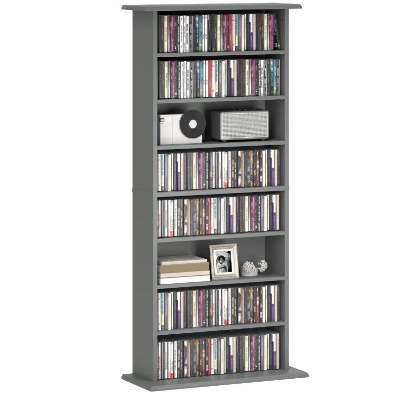 HOMCOM Almacenamiento para CD y DVD con 8 compartimentos y 6 baldas ajustables, capacidad máx. 360 CD/185 DVD y Blu-ray, gris