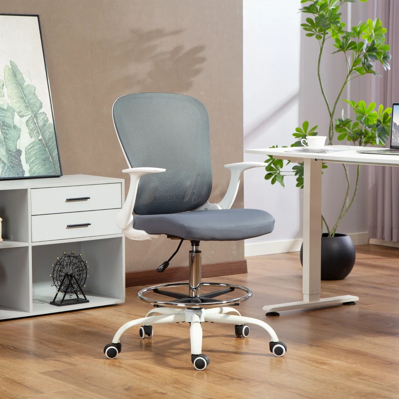 HOMCOM Chaise bureau ergonomique avec repose-pieds ajustable et accoudoirs relevables, hauteur réglable, 59x62x99-119cm, gris