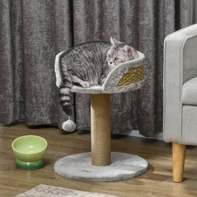PawHut Arbre à chat arbre à grimper grattoir design jeu pompon suspendu + plateforme peluche 40 x 40 x 49 cm jute gris