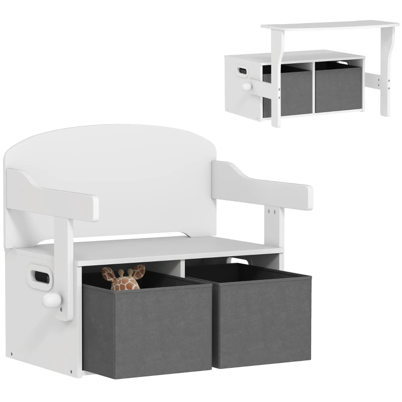 AIYAPLAY Banco Infantil Convertible 3 en 1 Juego de Mesa y Silla Baúl de Juguetes con Cubos de Tela Extraíbles Blanco