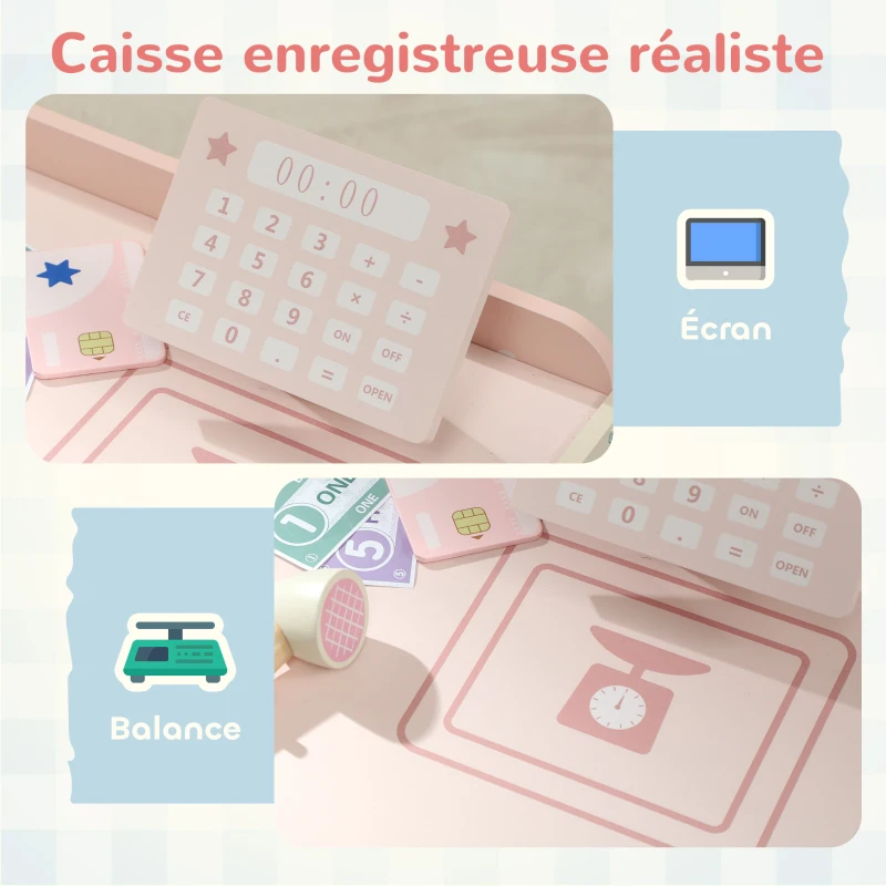 AIYAPLAY Supermarché pour enfant, marchande en bois, caisse enregistreuse, distributeur et accessoires, 90,7x60x73,8cm, vert