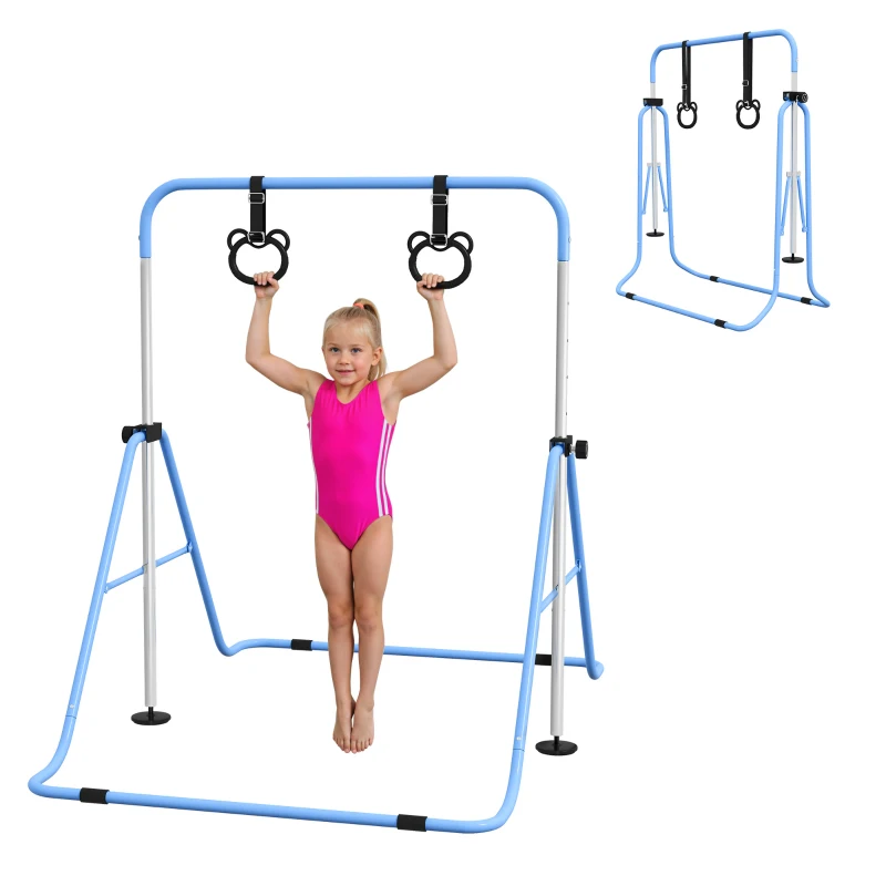 HOMCOM Barre de gymnastique pour enfants, barre horizontale pliable à hauteur réglable avec anneaux de gymnastique, bleu