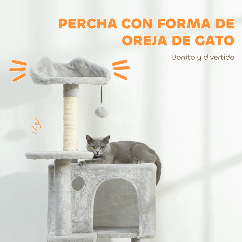 PawHut Árbol Rascador para Gatos 160 cm con Plataformas Cama 2 Cuevas Hamaca Escalera Postes de Sisal Gris Claro