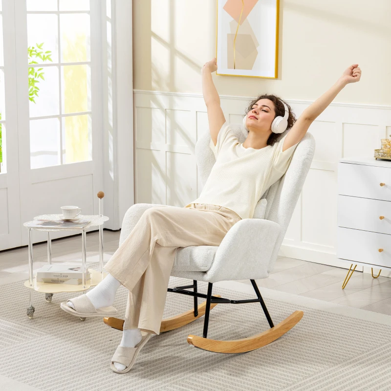 HOMCOM Fauteuil à bascule, rocking chair avec coussin, assise rembourré, dossier haut, 67 x 88 x 104 cm, blanc