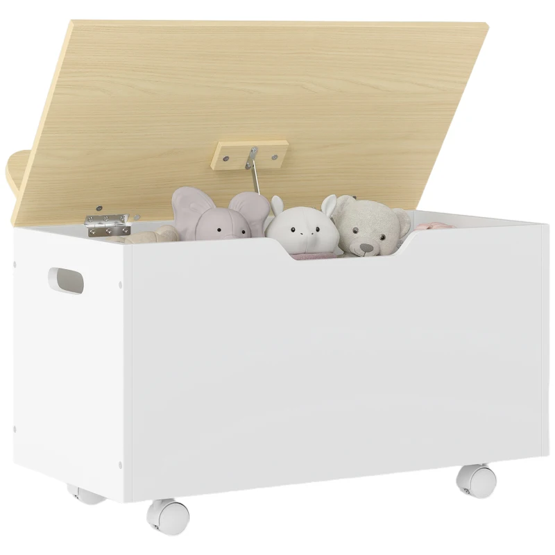 AIYAPLAY Baú de Brinquedos com Rodas com Tampa Abatível e Dobradiça de Segurança Desenho de Nuvem  59x30x53 cm Branco e Madeira