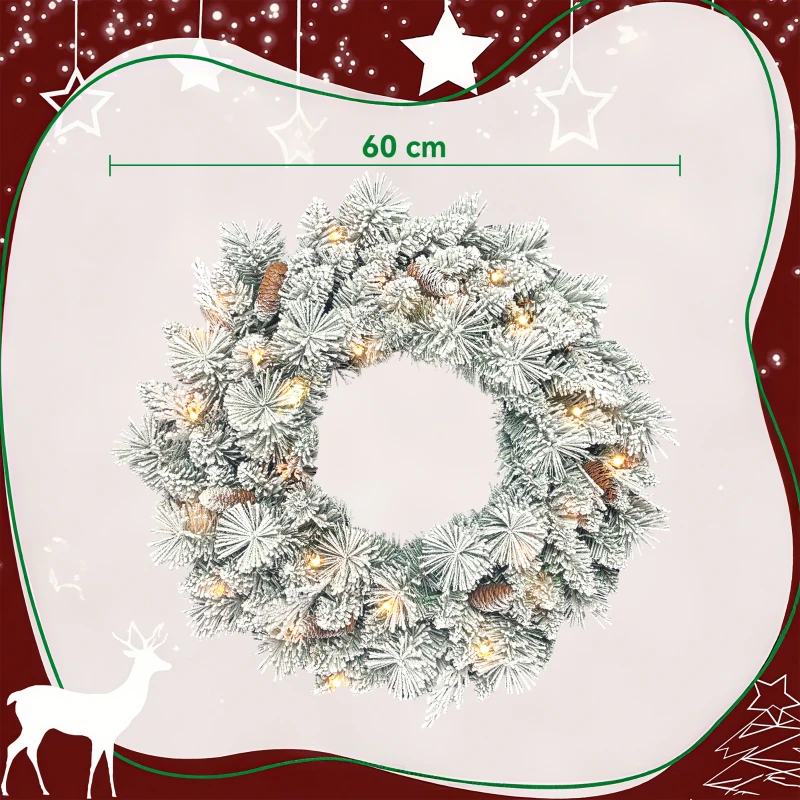 HOMCOM Tannenkranz Weihnachtskranz mit LED-Lichterkette, Tannenzapfen, Türkranz Grün+Weiß, Ø60 x 8 cm