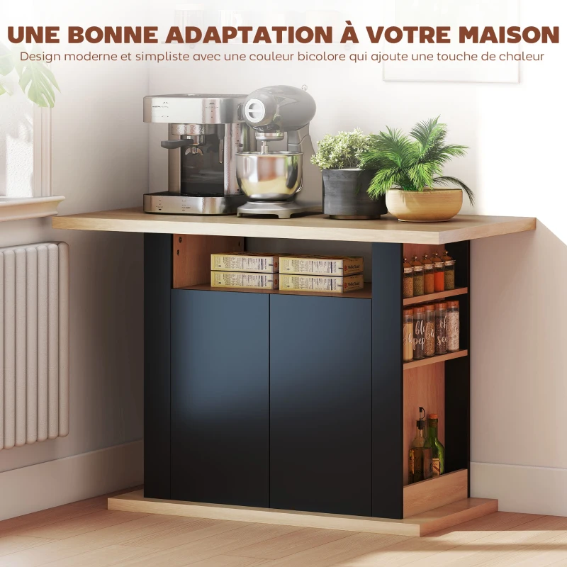HOMCOM Table à manger ilot central cuisine avec grand plan de travail 4-6 personnes placard 4 portes 110 x 70 x 75,5 cm noir