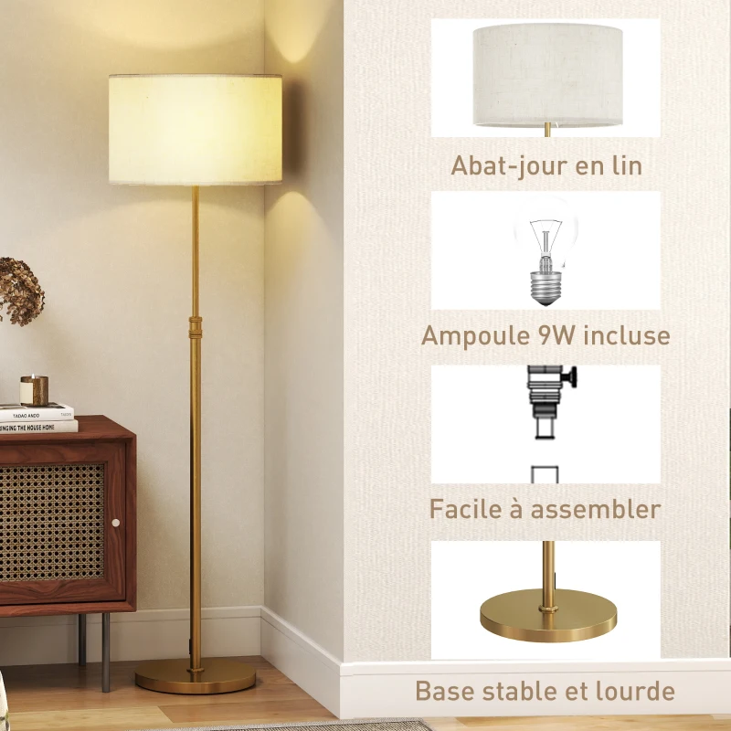 HOMCOM Lampadaire sur pied salon, lampe sur pied dimmable avec télécommande, abat-jour en lin, hauteur réglable 133-168cm, doré
