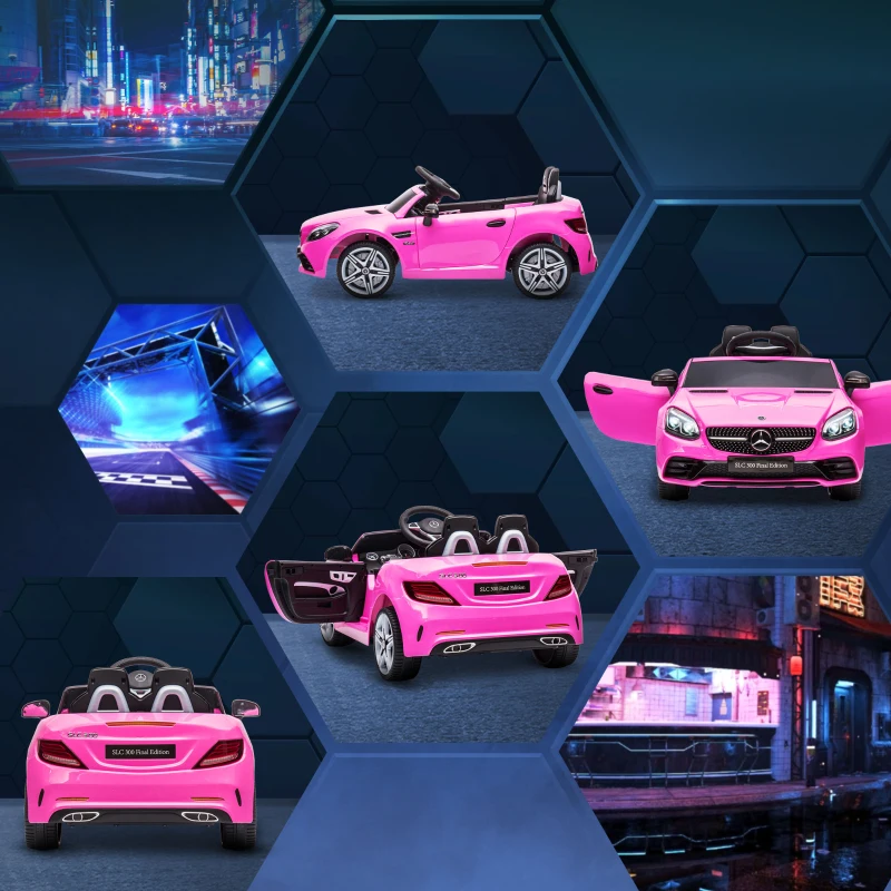 AIYAPLAY Coche Eléctrico para Niños de +3 Años, Mercedes SLC 300, Coche Eléctrico 12V, con Mando a Distancia 2,4 G, Ruedas Traseras con Suspensión, Faros LED, Música, USB, Motor Doble, Rosa
