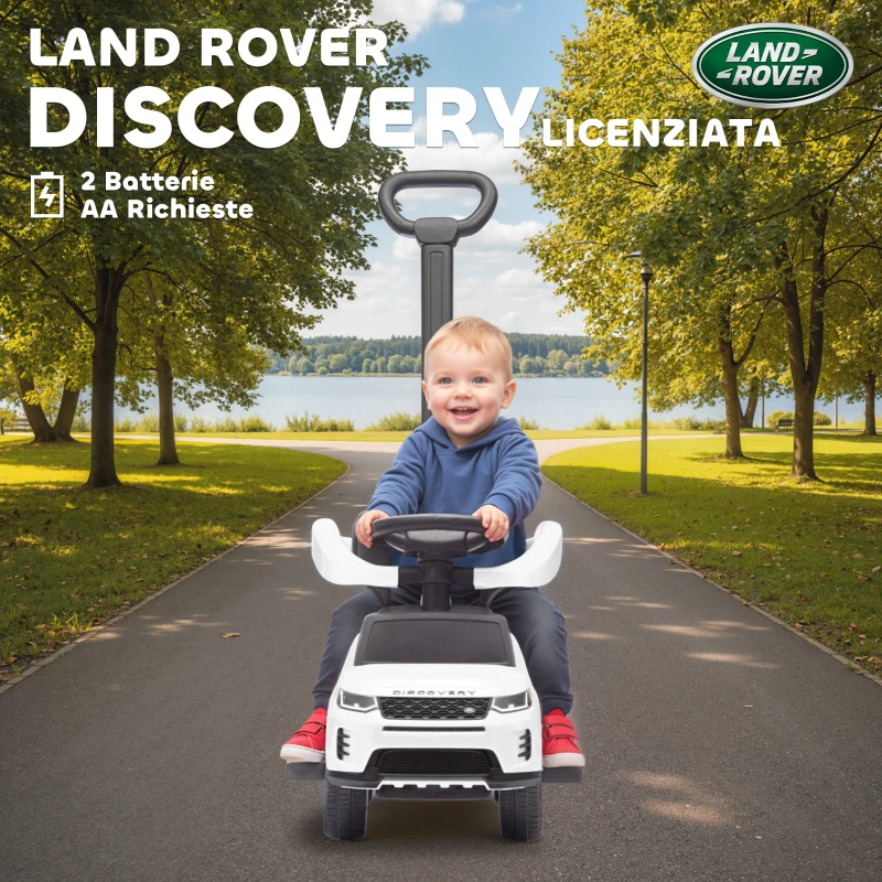 AIYAPLAY Macchina Cavalcabile Licenza Land Rover con Maniglia e Barriera, in PP e Acciaio, 84x40x94.5 cm, Bianco