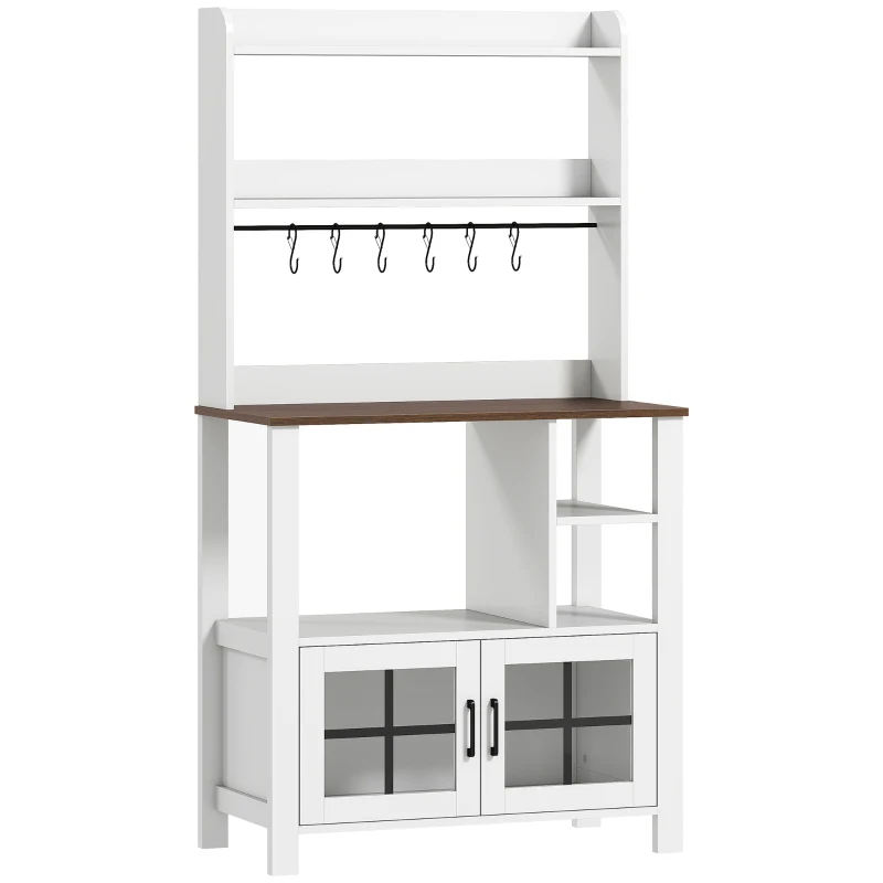 HOMCOM Credenza da Cucina con 6 Ganci per Tazze 2 Ante in Vetro Ripiani Aperti 80x40x152 cm Bianco