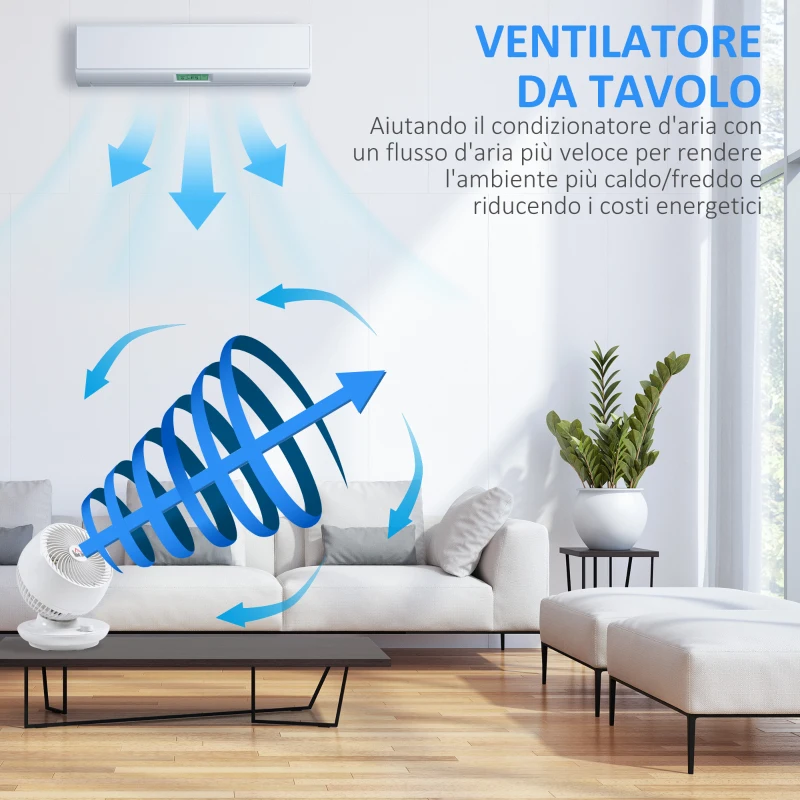 HOMCOM Ventilatore da Tavolo 3 Velocità, Oscillazione 70° e Inclinazione 90°, 27x27x34cm, Bianco e Nero