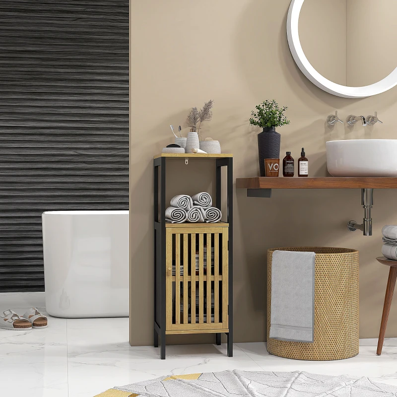 HOMCOM Meuble bas de salle de bain en bambou avec placard 1 porte niche ouverte 32 x 30 x 90,5 cm, noir et bois