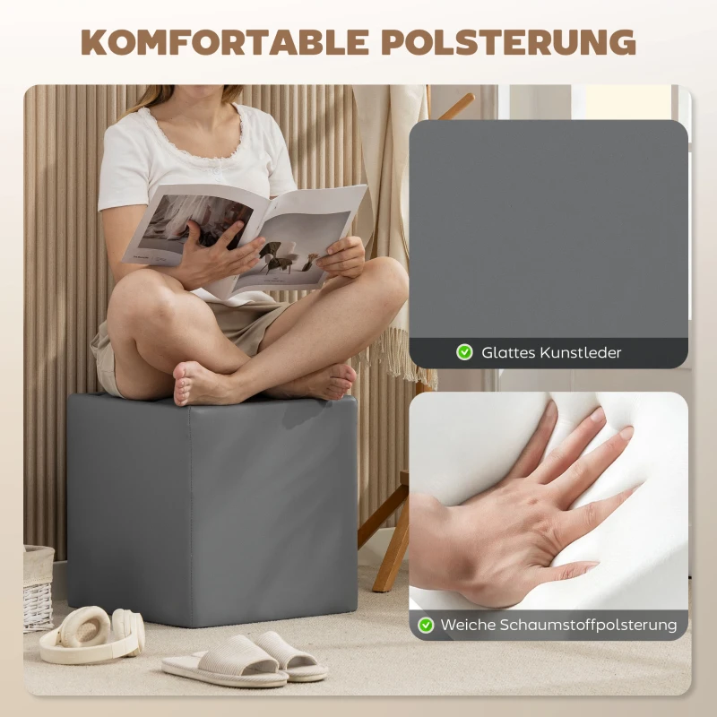 HOMCOM Sitzhocker mit Stauraum Hocker mit Deckel, Quadratischer Fußhocker Sitzwürfel Kunstleder 40 x 40 x 40 cm Grau