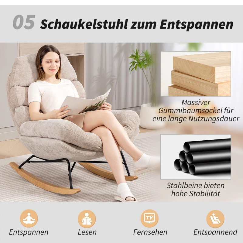 HOMCOM Padded Rocking Chair with Steel Legs and Wooden Rockers, Cream White